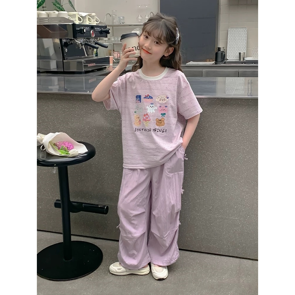 2025夏条纹彩点卡通短袖T恤蝴蝶结直筒裤套装 D353 353 M