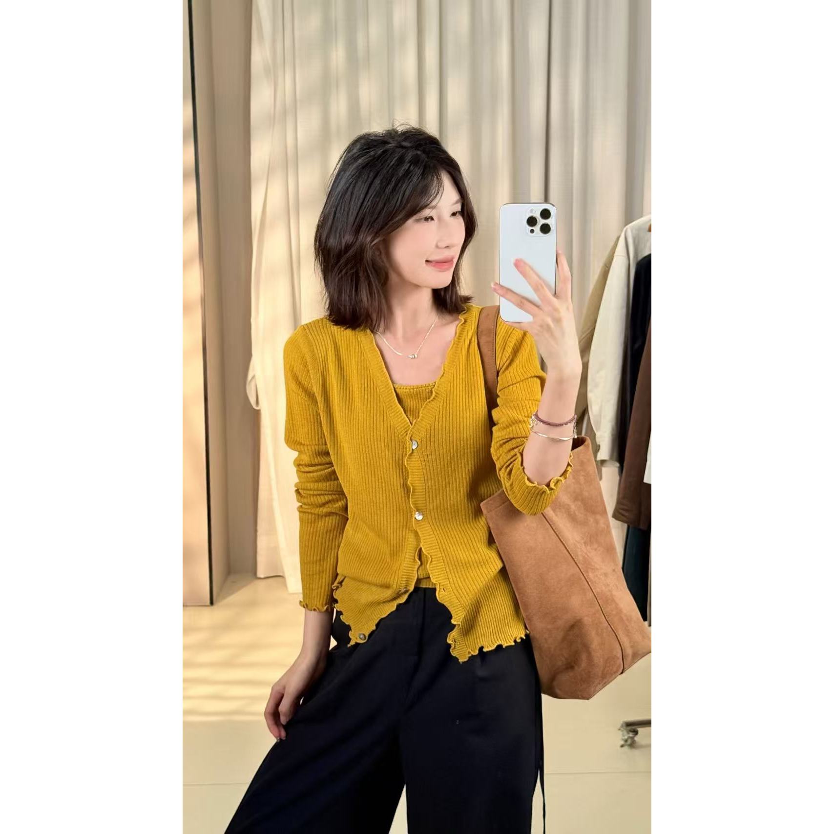 【阿凯自制】8421 韩系百搭木耳边温柔简约假两件针织上衣（衣长56）