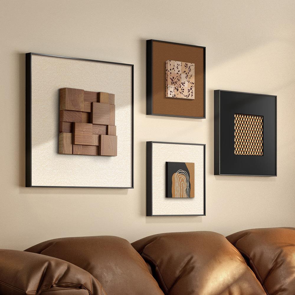 立体真胡桃木美拉德高级感组合客厅装饰画 大气沙发背景墙挂画 