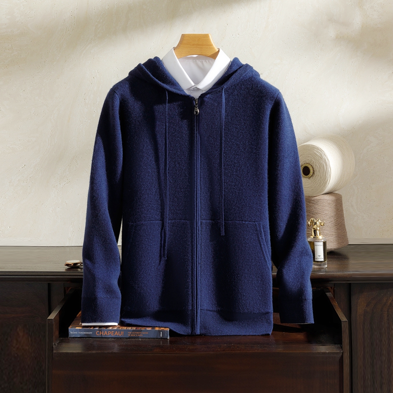 男士空气层加厚100%纯山羊绒开衫秋冬休闲保暖连帽拉链针织外套