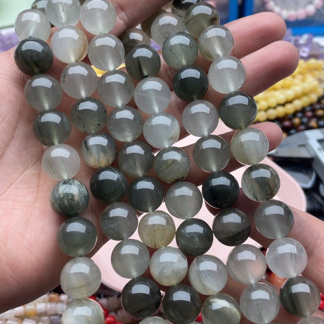 玛瑙/玉髓珠宝半成品未镶嵌一条装卡14mm绿兔毛圆珠