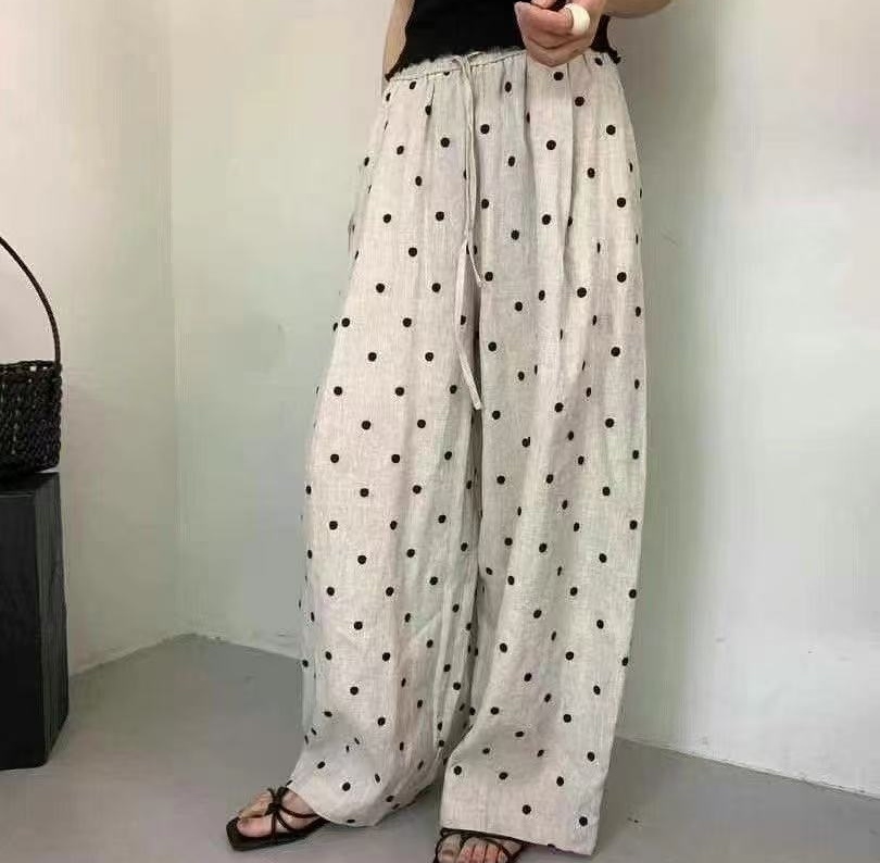 棉麻裤子女夏季2025新款女装波点阔腿裤松紧亚麻休闲直筒刺绣长裤