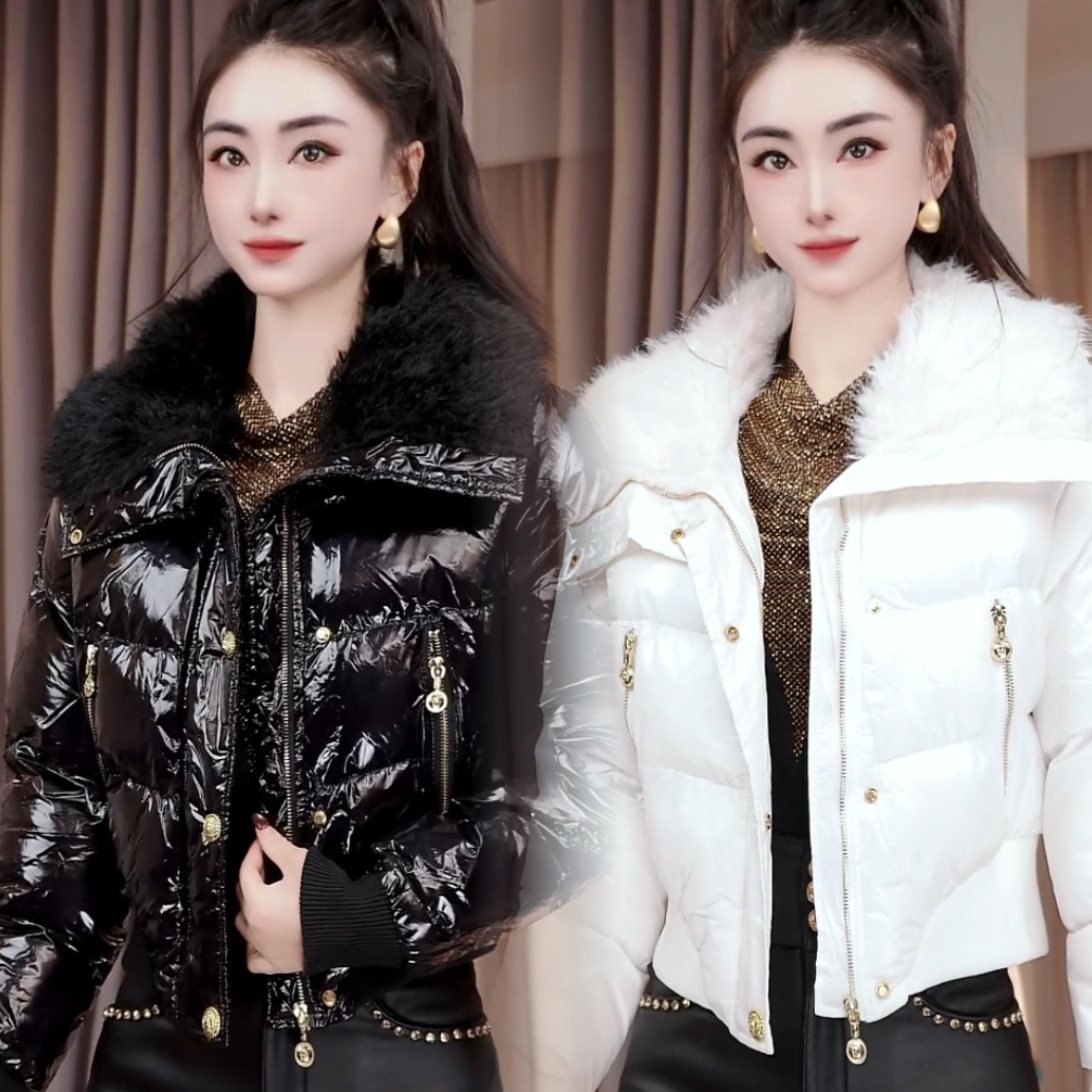 冬季新款亮面大翻领毛毛短款百搭显瘦保暖棉衣外套小个子