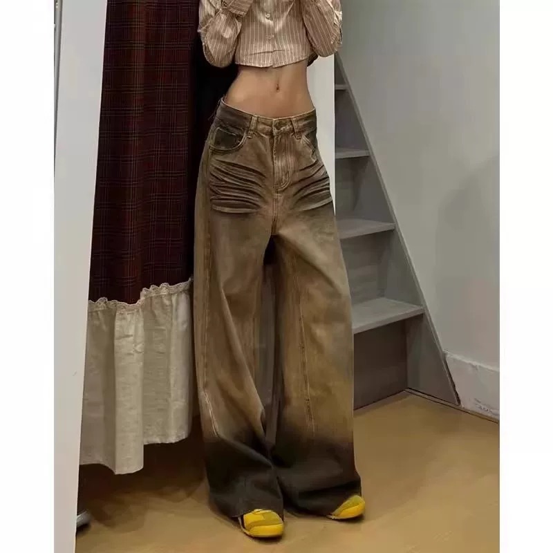 秋冬季直筒型春季女阔腿裤小众做旧水洗牛仔裤百搭