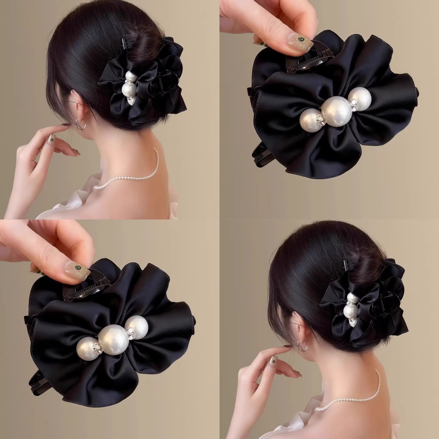 韩系珍珠花苞黑色抓夹女2025新款高级感后脑勺盘发发夹头饰发卡