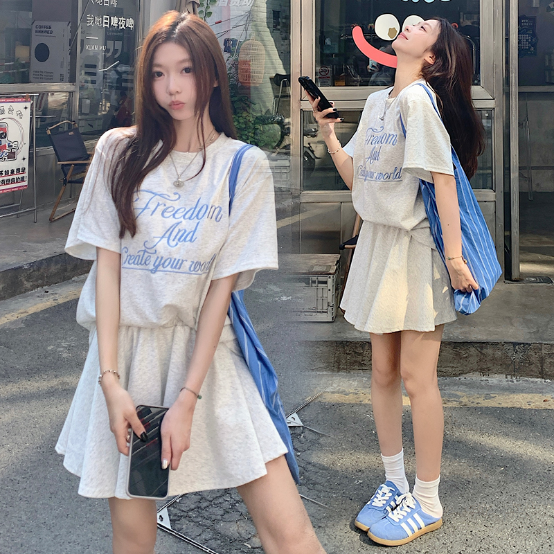 大码女装胖MM设计感刺绣字母短袖t恤高腰a字半身短裙夏时尚套装女