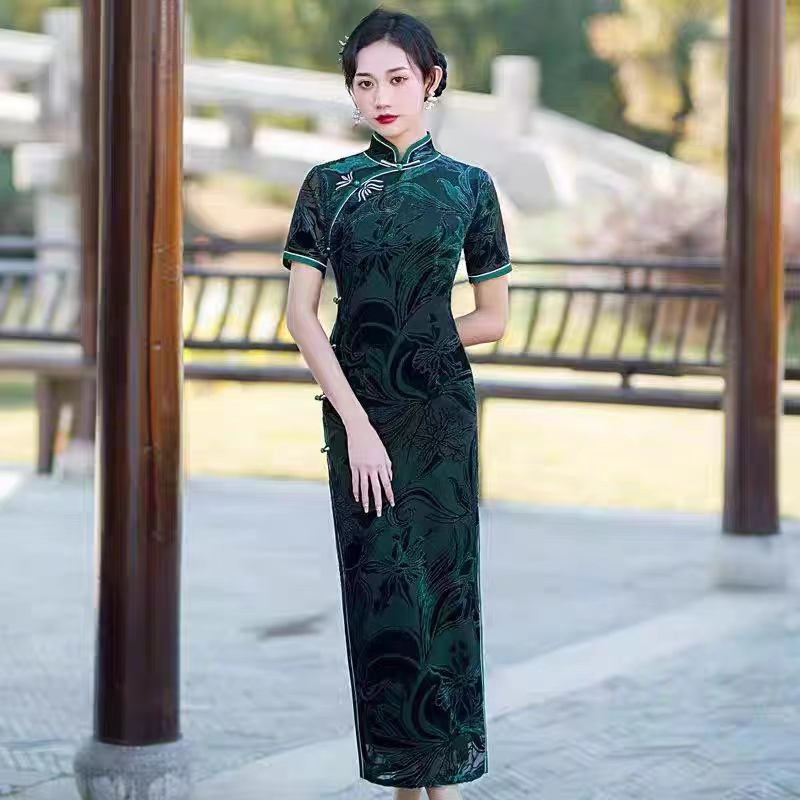 180 2-2-1 罗兰春秋丝绒短袖长款优雅日常修身改良旗袍妈妈复古显