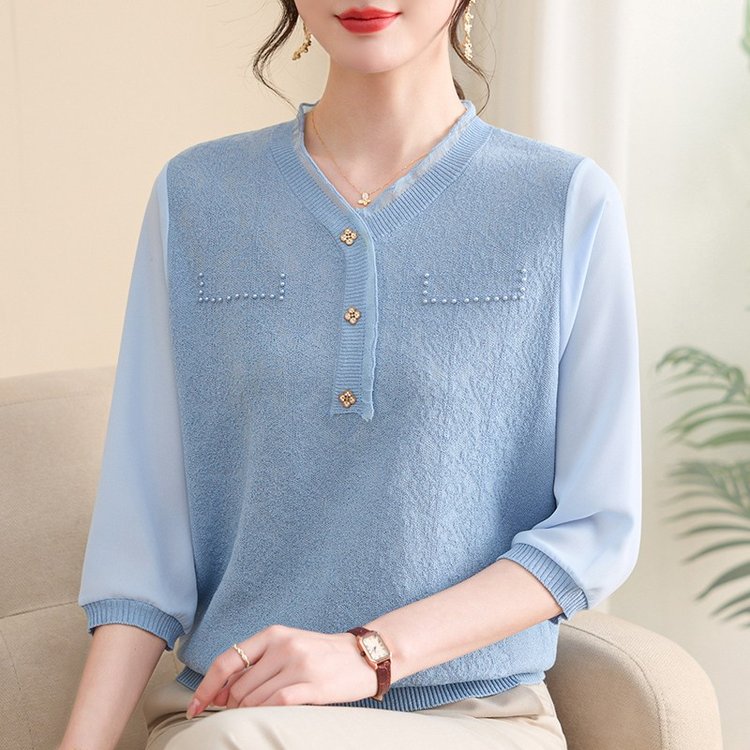 时尚妈妈春装薄款纱袖打底小衫洋气中老年人女夏季七分袖T恤2569