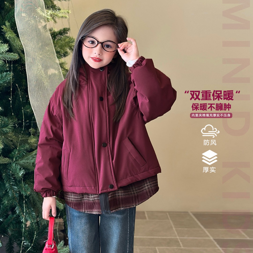 mini旦童装女童连帽外套冬季新款儿童洋气假两件夹棉保暖大衣棉袄