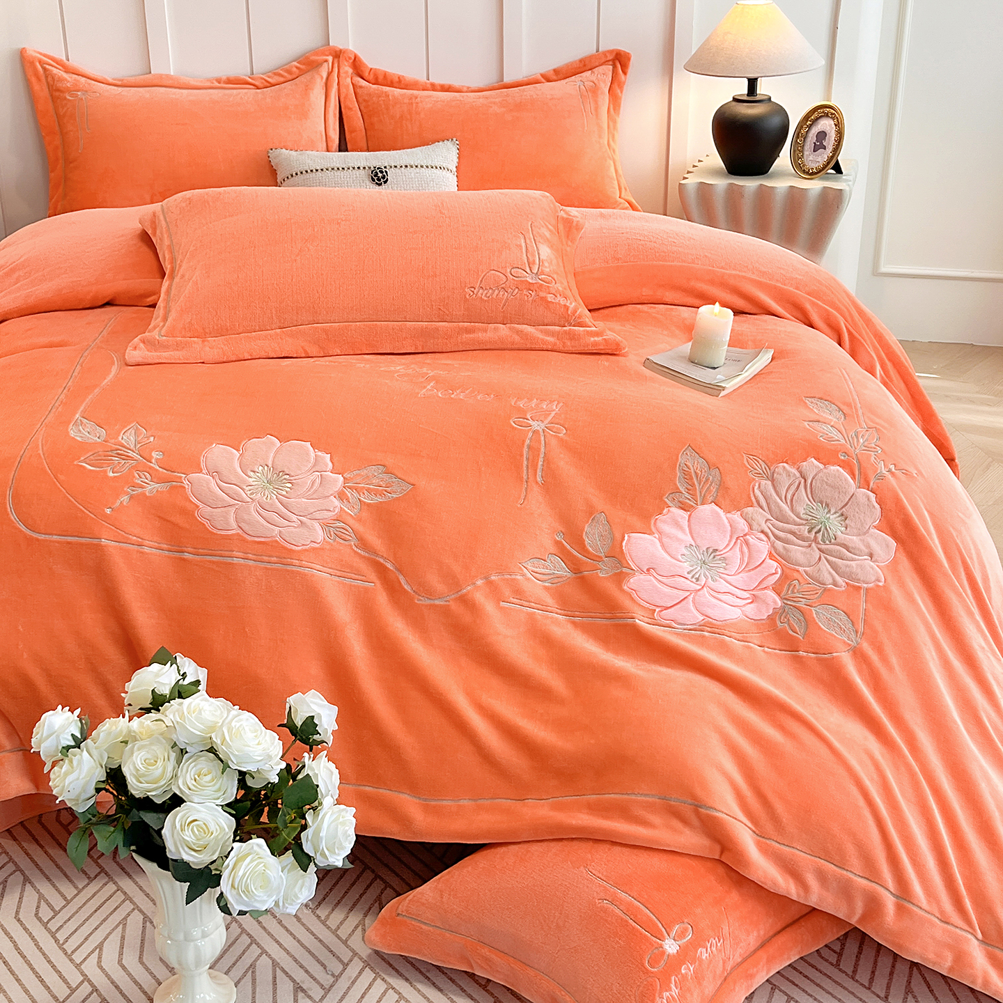 【绣语轻风】新款加厚保暖高克重款边贴布绣四件套床裙床盖抗静电