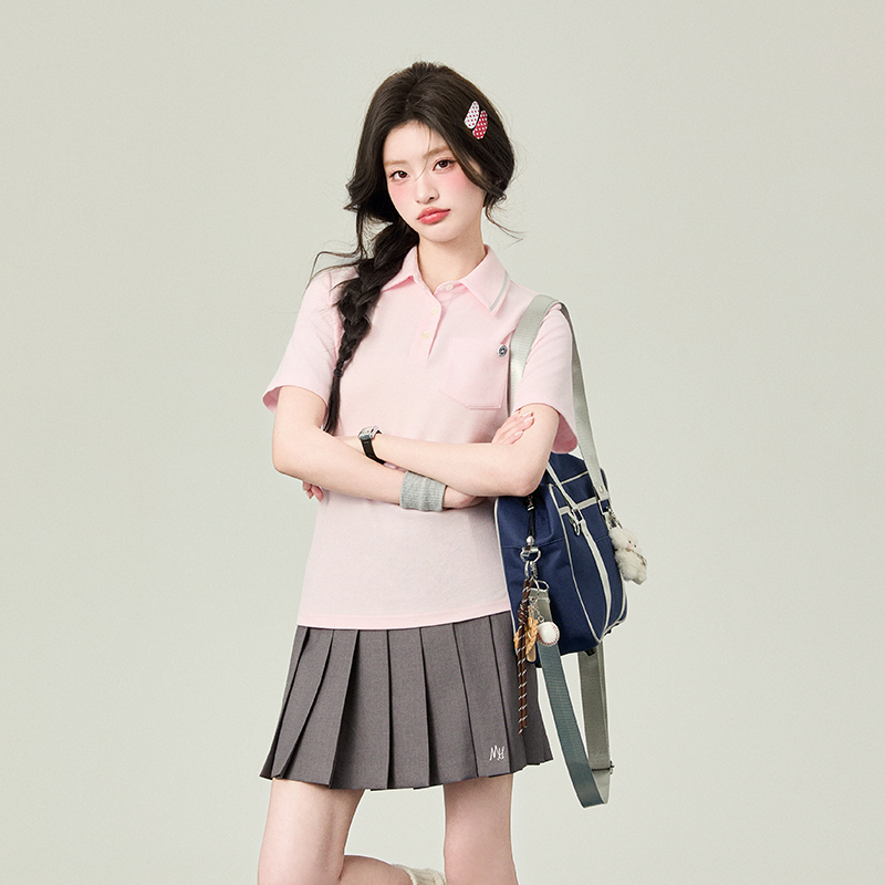 花铃太太【若草】夏款透气棉收腰polo上衣学院风女jk原创T校供日系