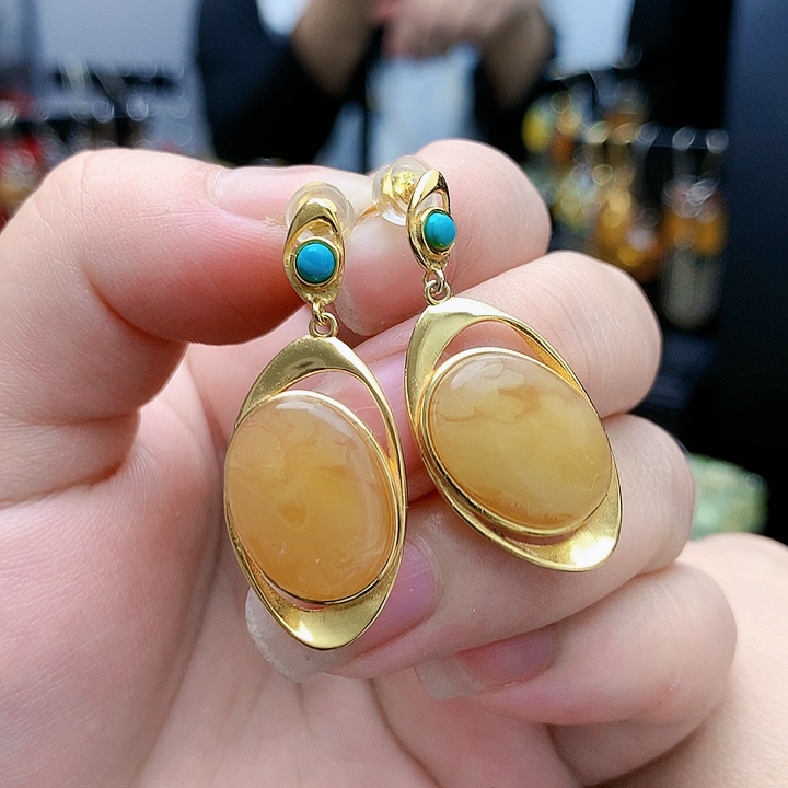 琥珀裸石银S925镶嵌耳坠