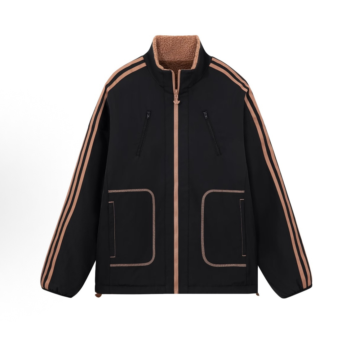 adidas 拼色双面穿抓绒运动复古立领条纹夹克外套 男女同款IY5387