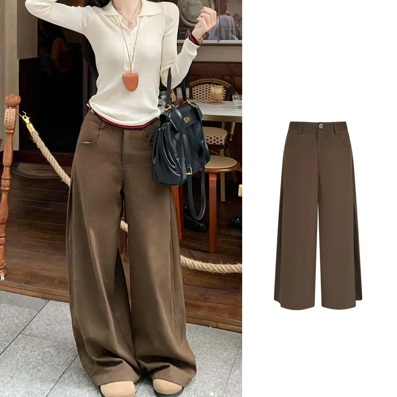 大码秋季新款茶卡百搭阔腿侧褶A形设计感宽松显瘦休闲长裤时尚