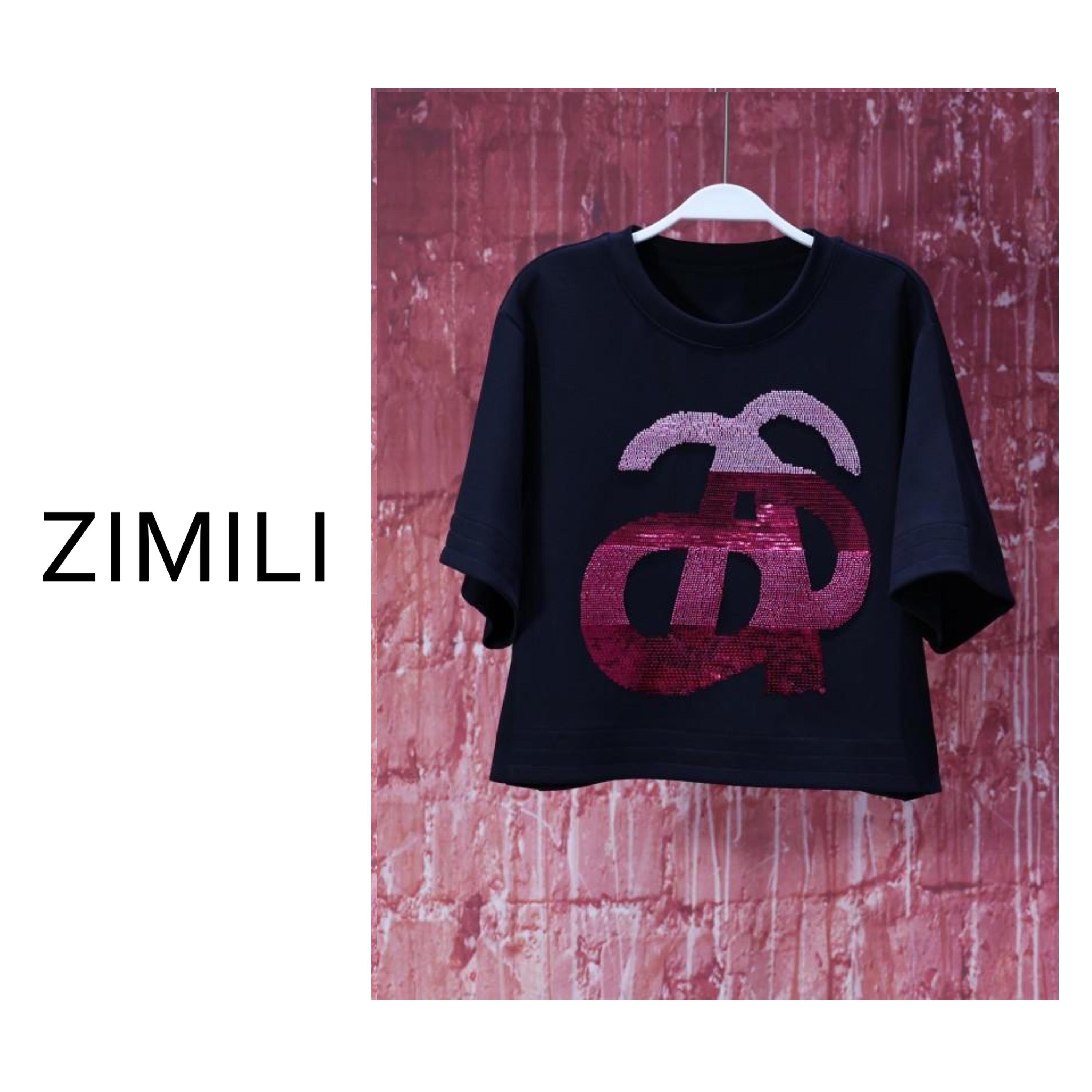 【亮哥女装】2025欧版小众设计师炭黑色珠片绣时尚休闲短袖8272-C2