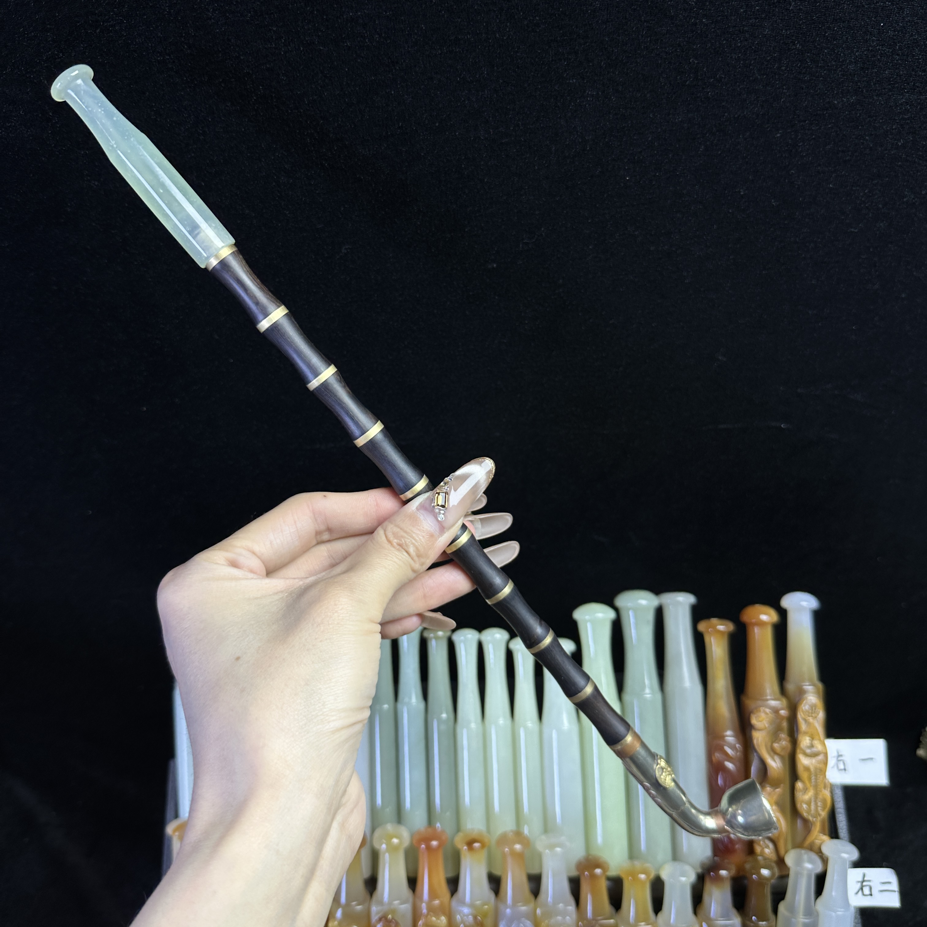 传统老式烟袋岫玉嘴 乌木紫光檀镶嵌杆 白铜镶花中锅总长36左右