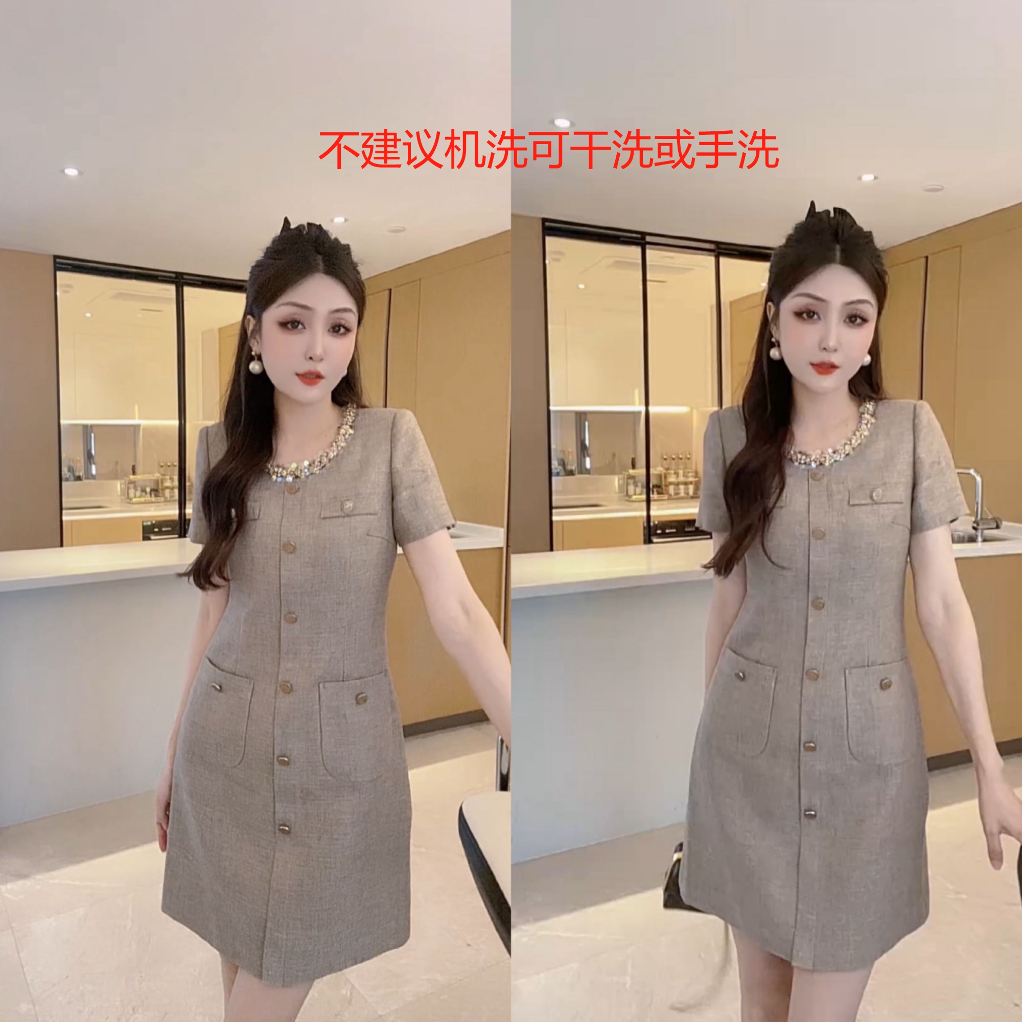 M9A86003  新款夏款亚麻气质高级感圆领短袖显瘦减龄小众高连衣裙