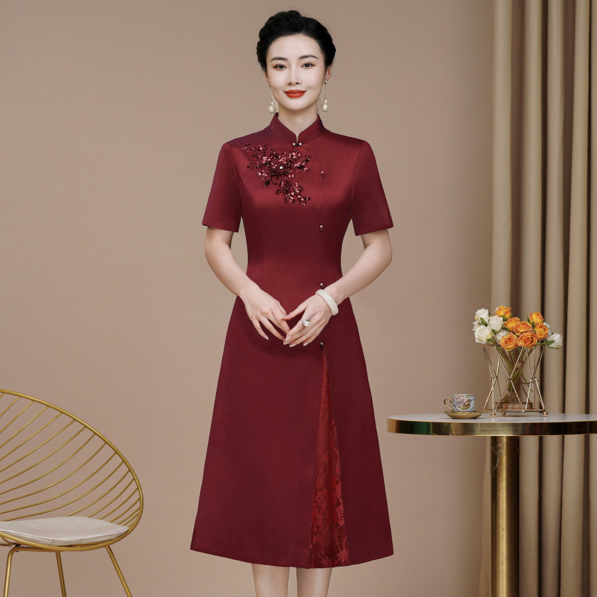 夏季新款高级感喜婆婆旗袍妈妈装F92婚礼国潮婚宴装结婚喜服气质