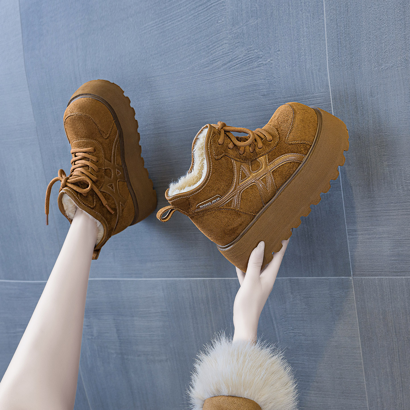 增高10cm松糕勃肯鞋女2025冬季加绒保暖厚底小个子小皮鞋9018-8