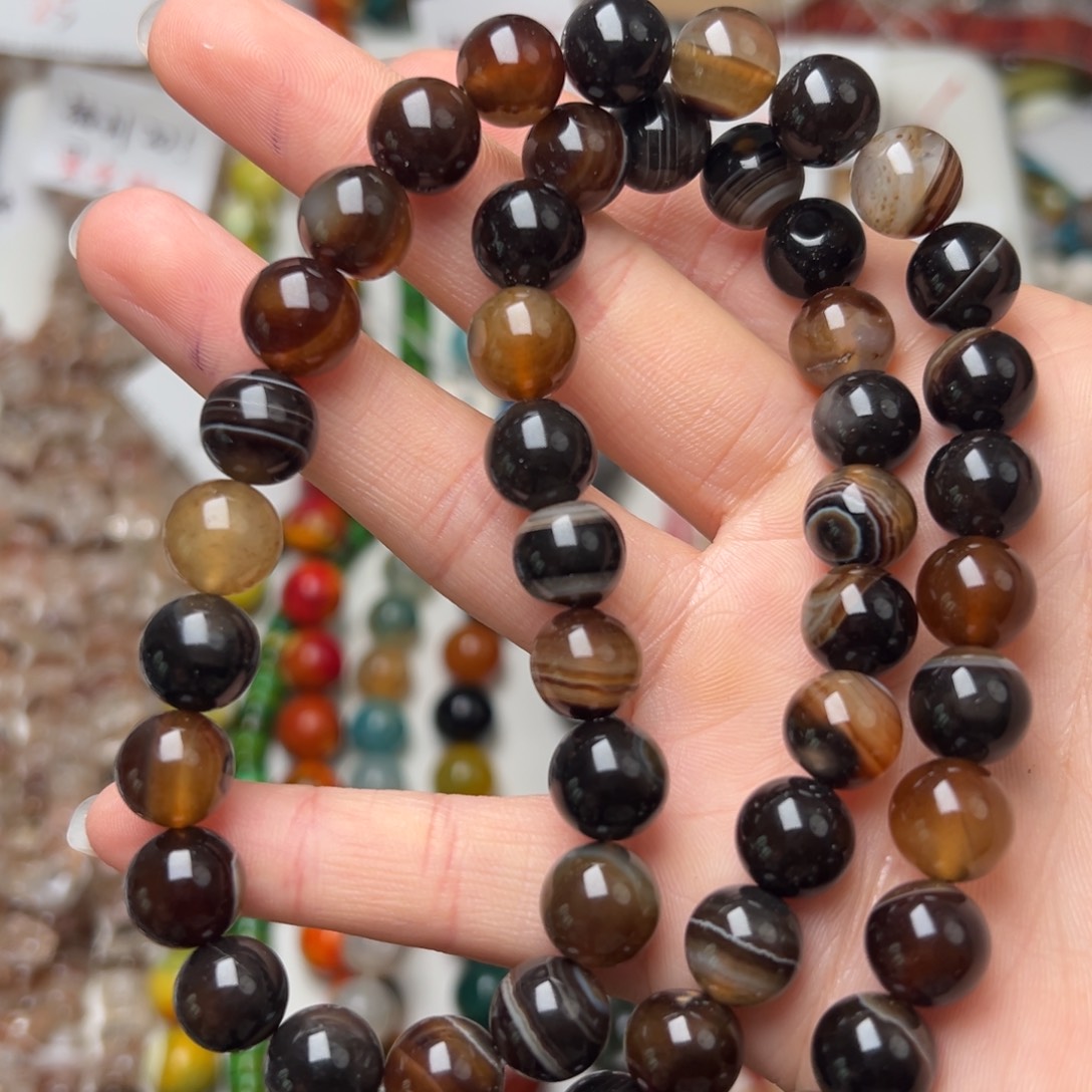 玛瑙/玉髓合金珠宝半成品L295。10.5mm天然缠丝玛瑙圆珠一条