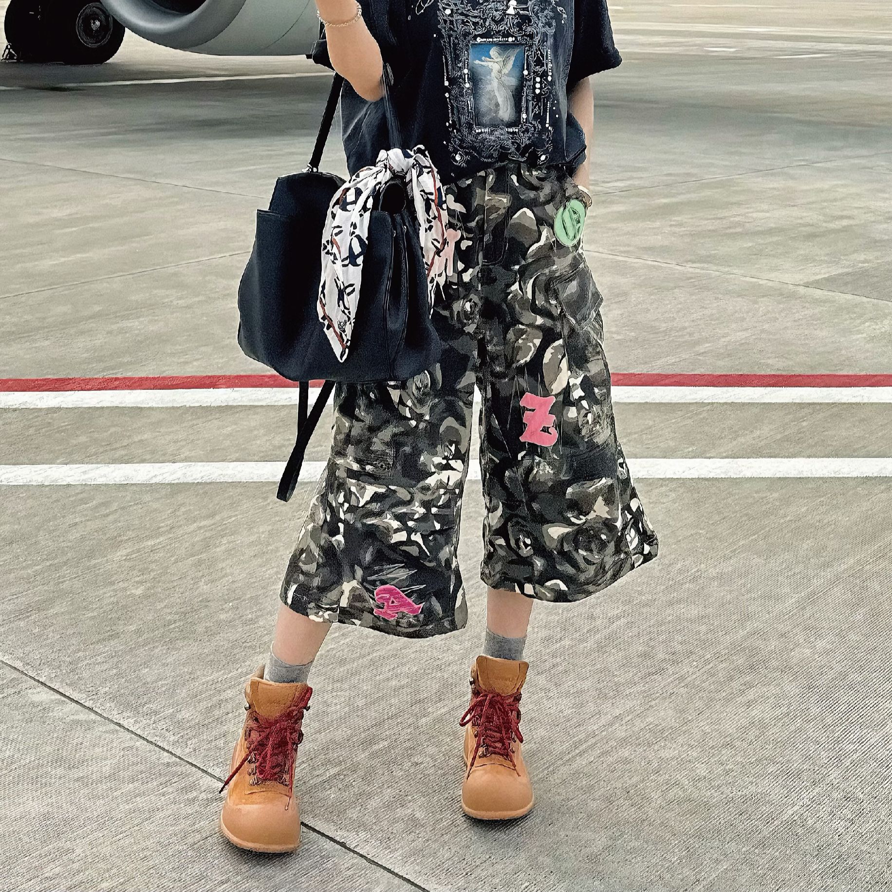 fozafozza贴布绣花荆棘攻瑰迷彩七分短裤