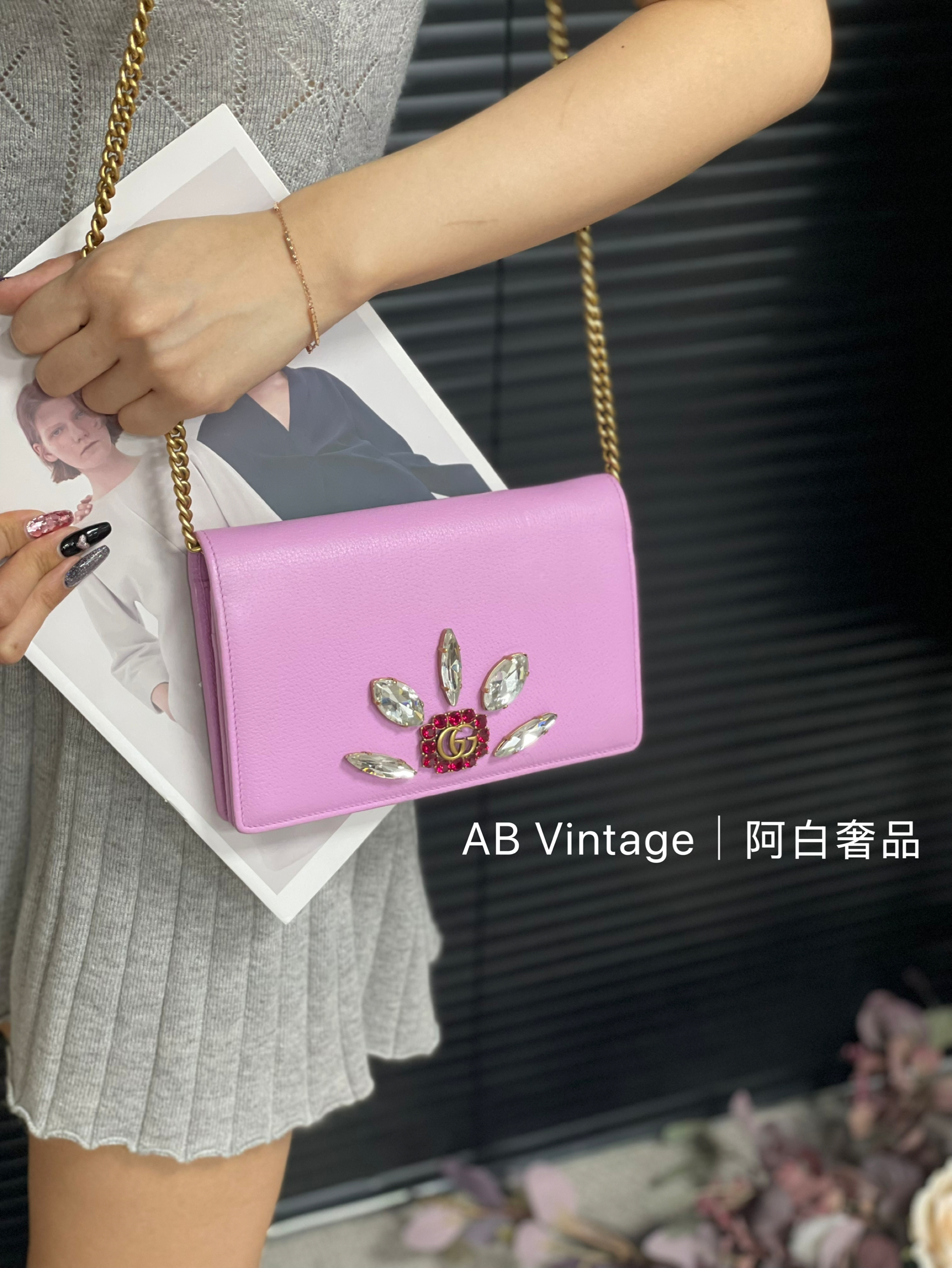 95新 GUCCI/古驰 阿白奢品/古驰 水晶花瓣链条woc包