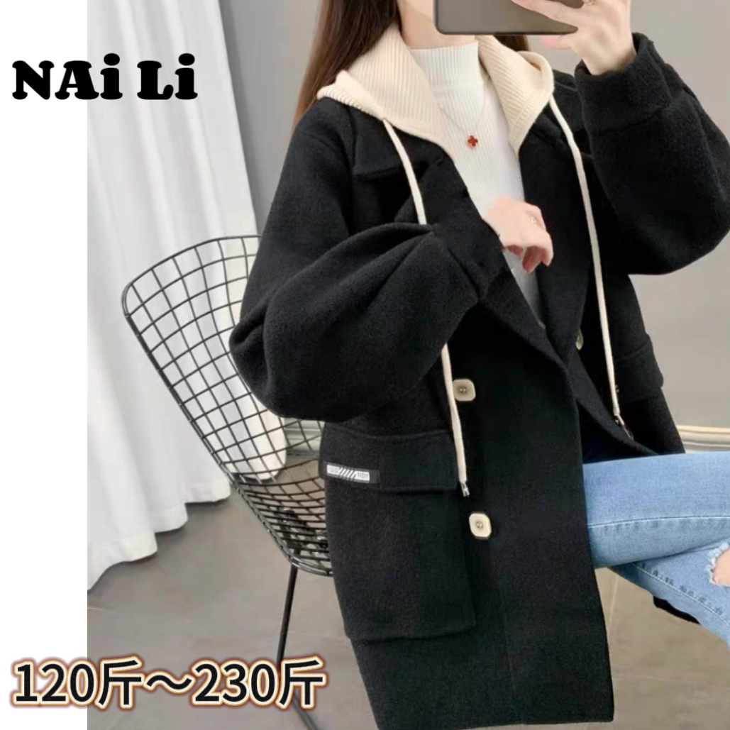 乃栗大码【格雷假两件大衣】双面假两件显瘦百搭大码中长款大衣外套