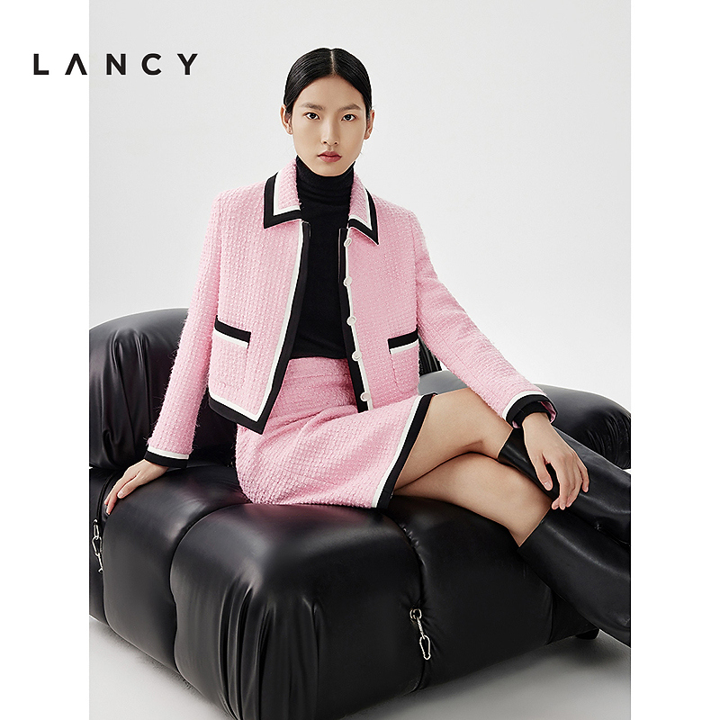 LANCY/朗姿2024春季新款高级感修身撞色短外套女精致羊毛上衣套装