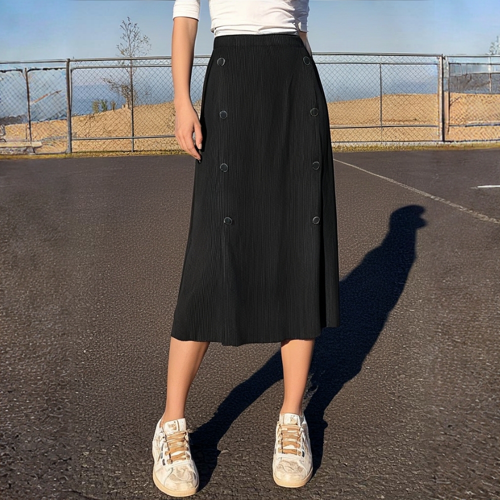 春秋新款高级感纽扣装饰龙鳞褶皱半身裙气质通勤百搭开叉A字裙女