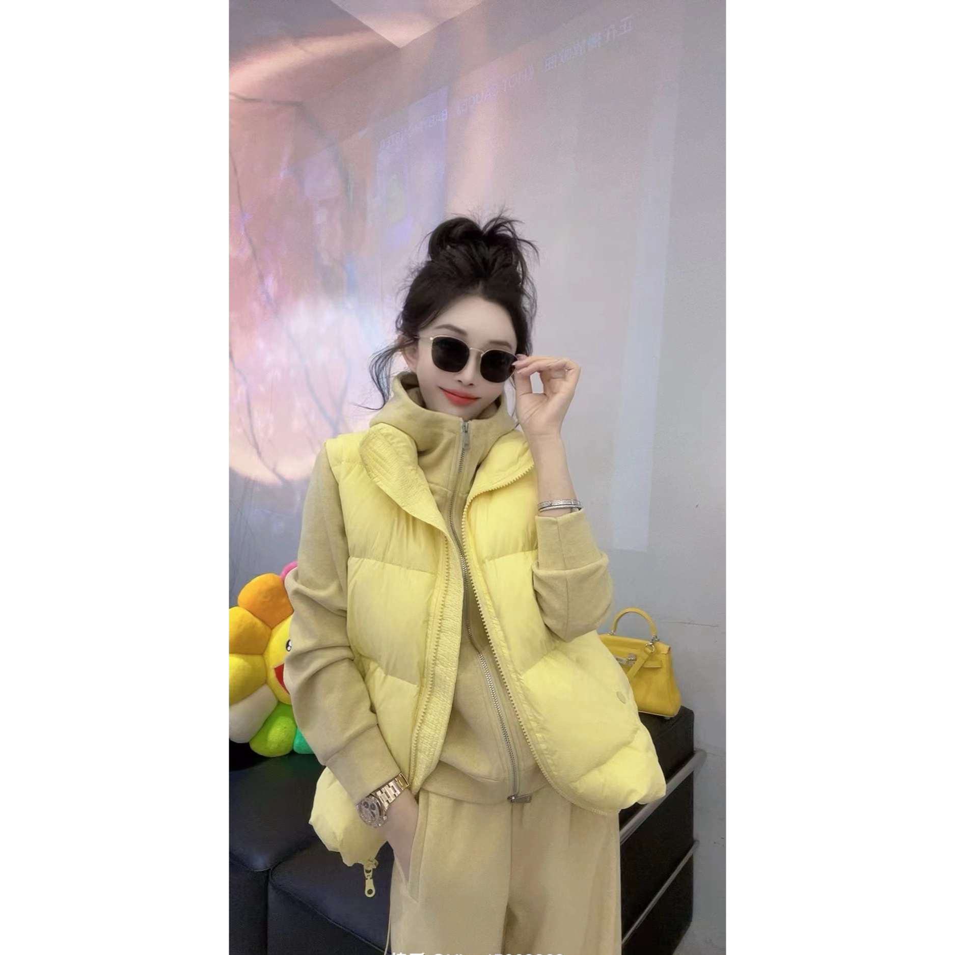 大码微胖mm冬季新款时尚显瘦糖果色慵懒风卫衣卫裤棉服马甲套装女