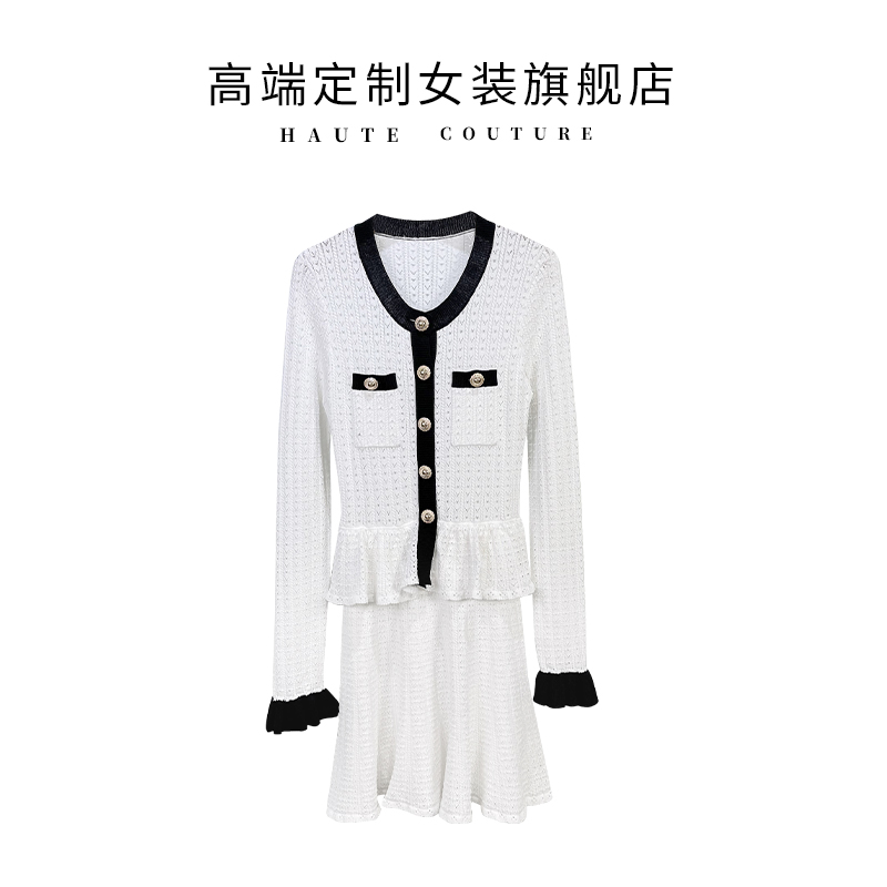 【SHIBO】早秋法式温柔气质撞色圆领拼接单荷叶边长袖针织连衣裙