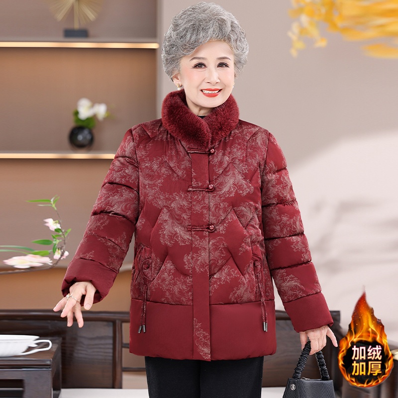 冬季奶奶装棉服女中老年人加绒加厚保暖外套妈妈时尚毛领防风棉衣