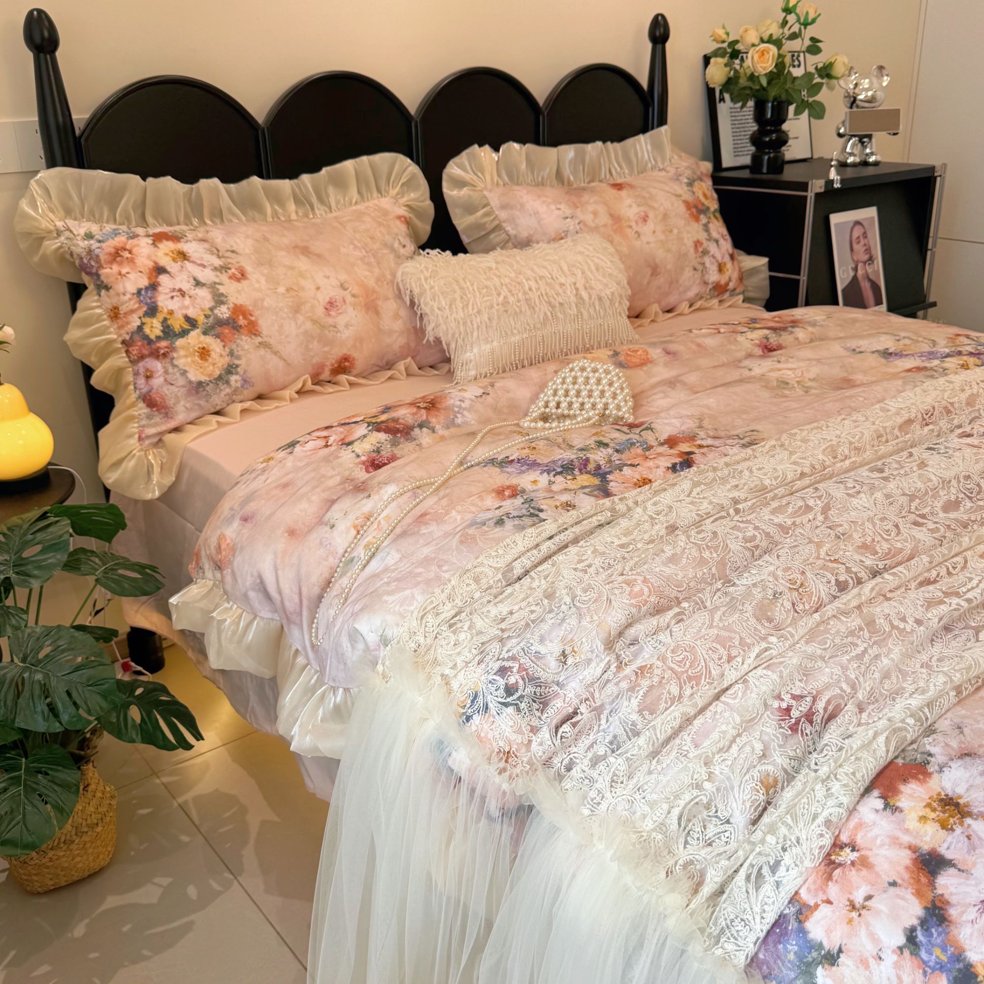 伊伊推荐【花本汐橘】法式浪漫全棉磨毛油画风风情褶床裙款四件套