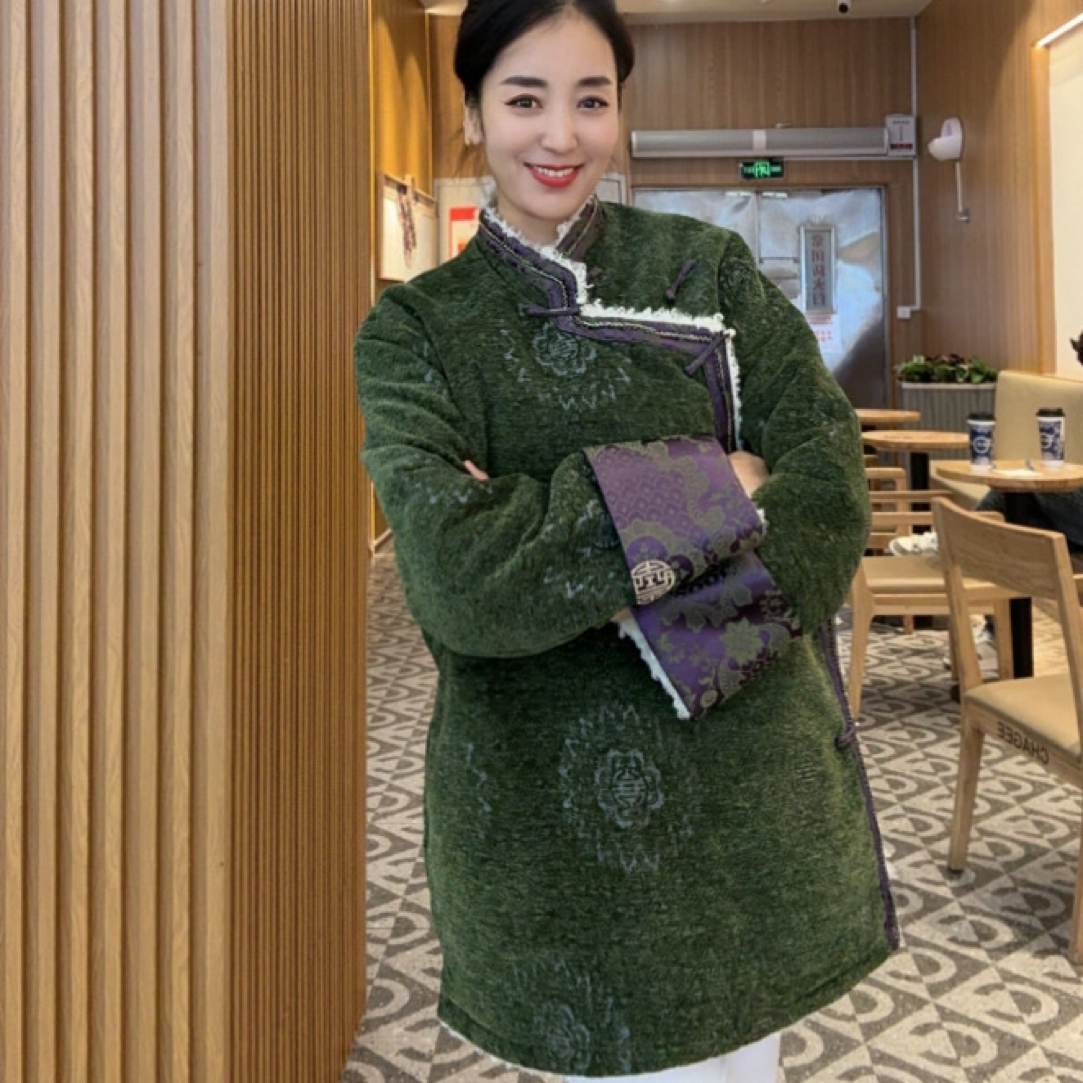 女士冬季保暖雪尼尔民族风立领藏式外套日常便装
