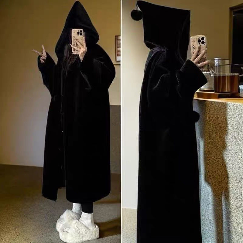 女巫连帽加厚中长款欧貂绒大衣环A草草外套