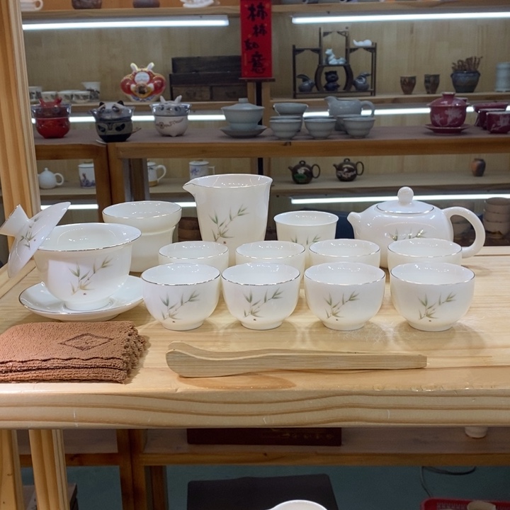 竹报平安羊脂玉茶具套装