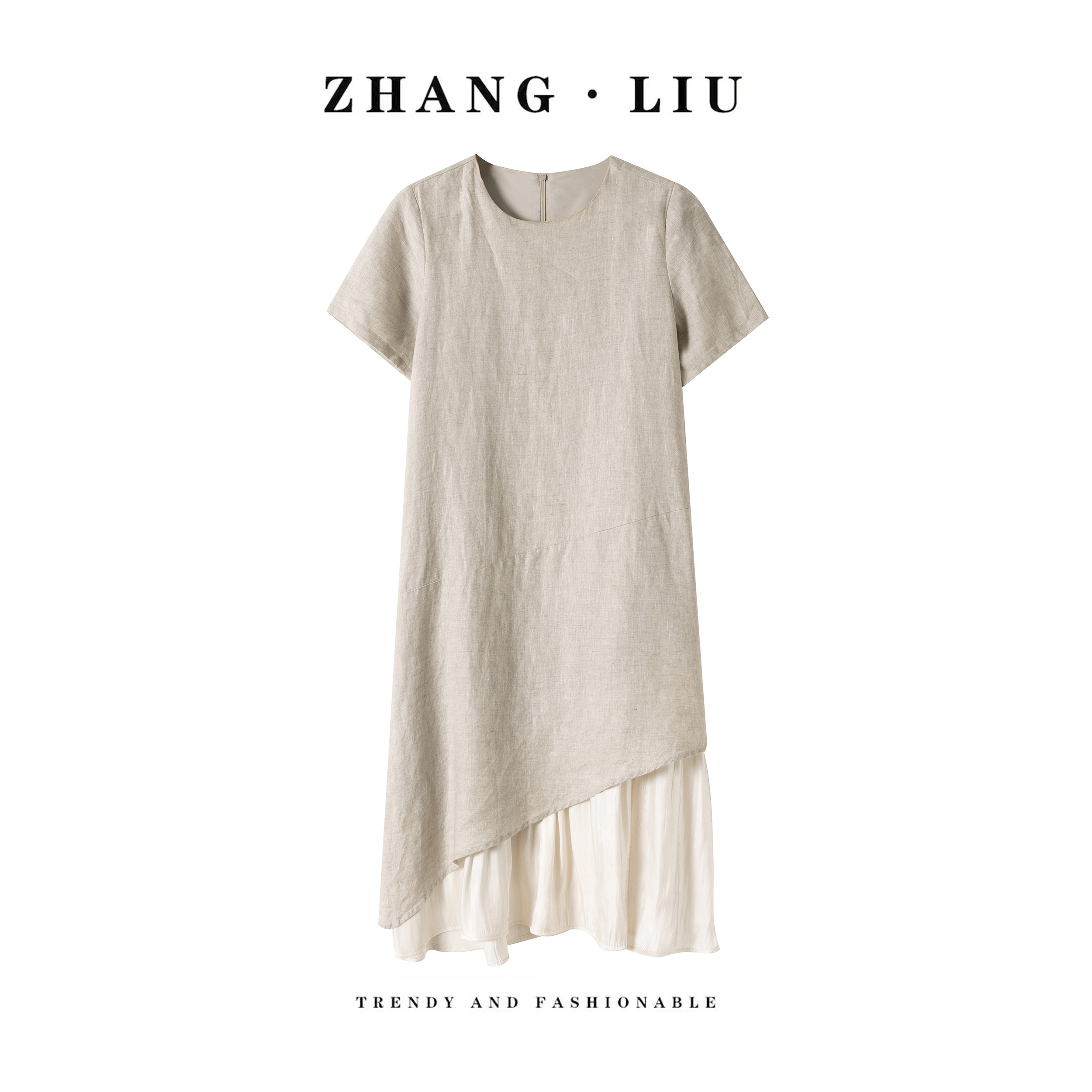 ZHAＮGLIU夏季亚麻连衣裙网纱拼接设计感休闲长裙宽松简约风显瘦