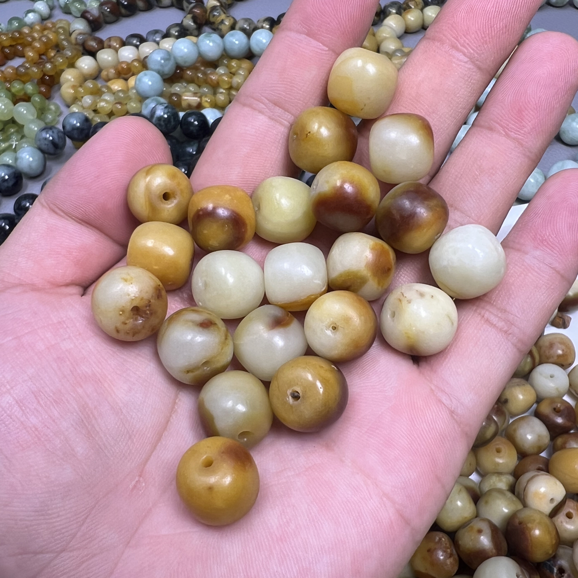 岫玉玉石王花玉 血管红 卡14 老型珠 DIY手工玉石散珠