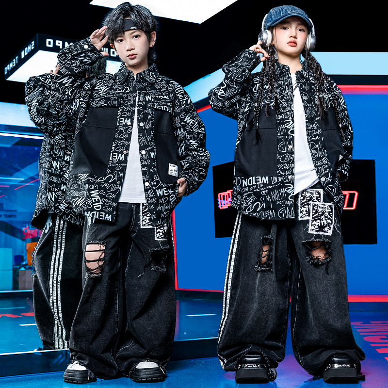 儿童潮酷嘻哈街舞表演服牛仔夏季复古宽松潮流中国风印花国潮