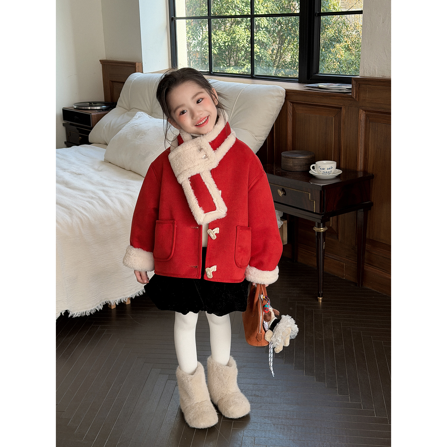 Harper kids 韩版洋气百搭氛围感拼接毛毛外套配围脖 H25A331109