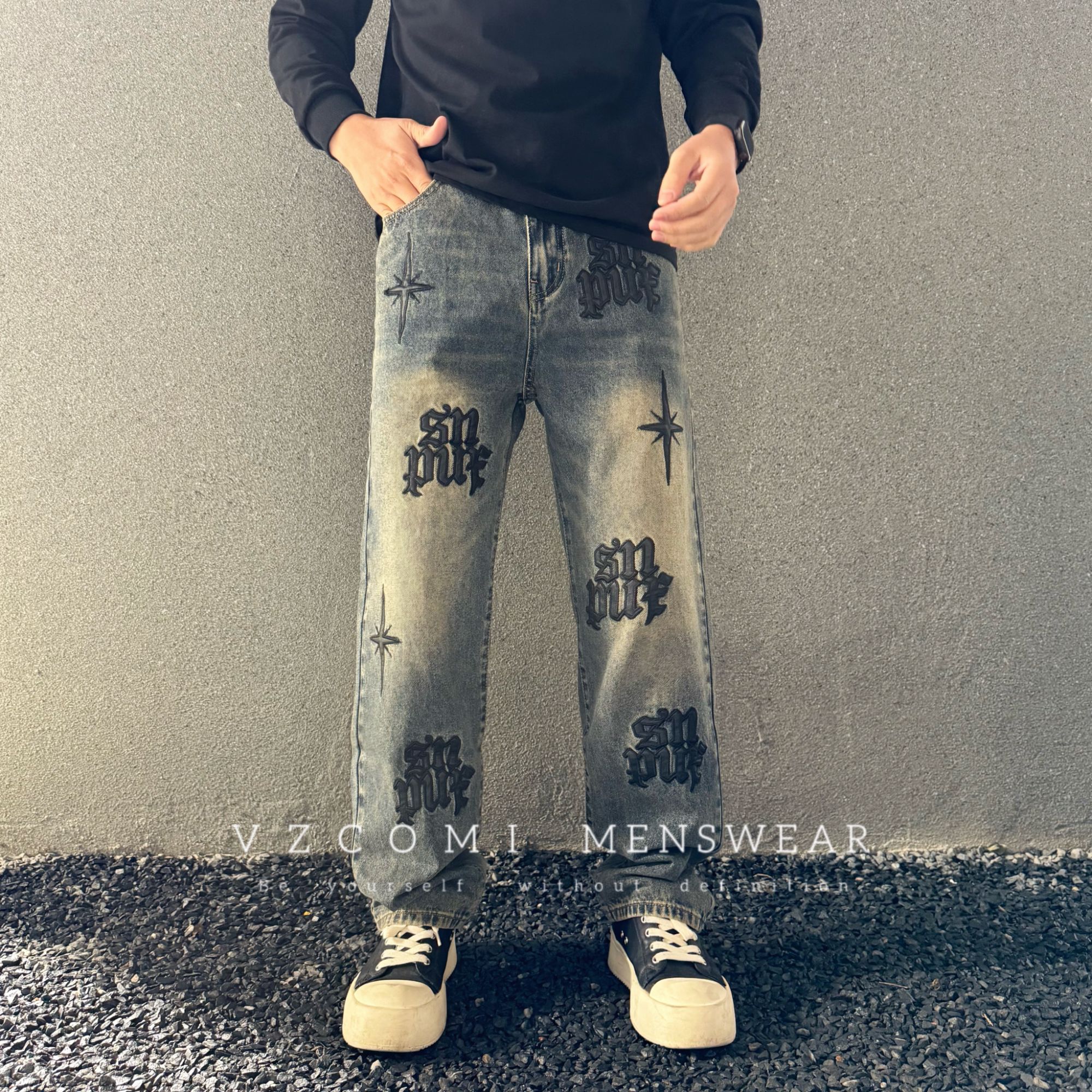 美式巴黎风贴布刺绣字母水洗复古做旧百搭宽松休闲时尚直筒牛仔裤