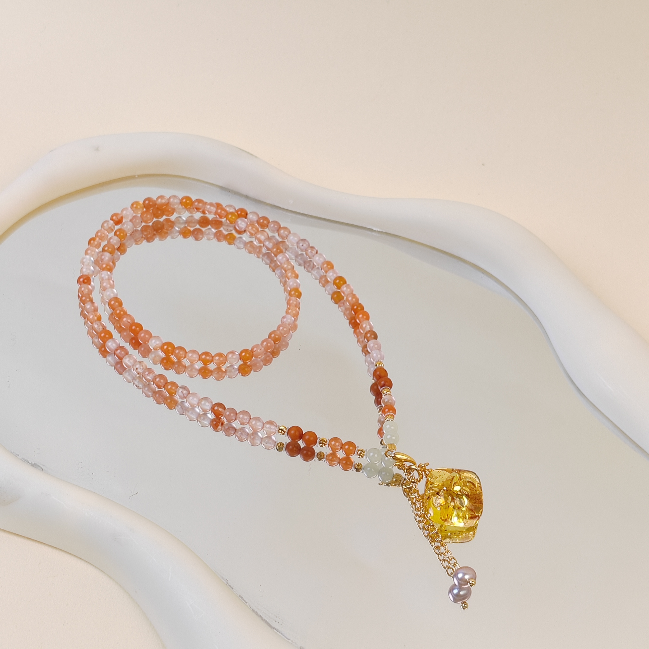 母亲节福利 冰飘南红花珀小方块项链