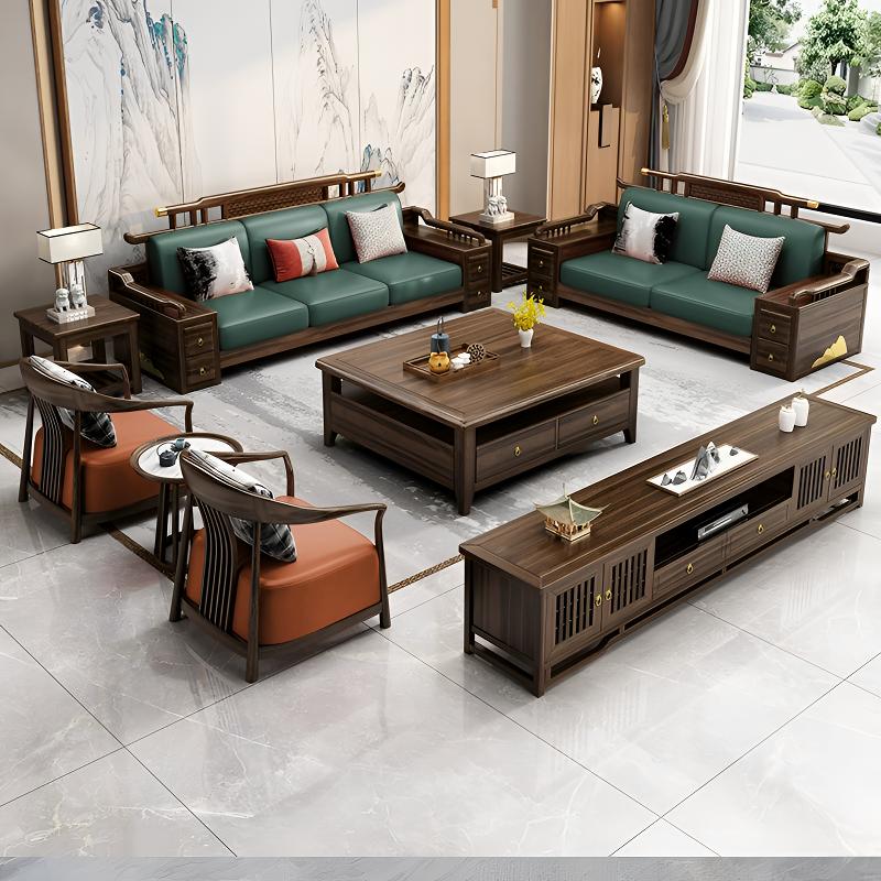 新中式乌金木实木沙发轻奢大户型别墅客厅家用沙发茶几组合5019