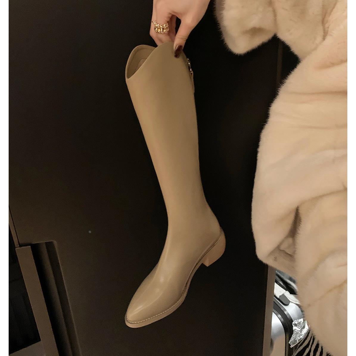 尖简粗高深口长西部跟秋冬季加绒厚底中高筒时装骑士长靴女长筒