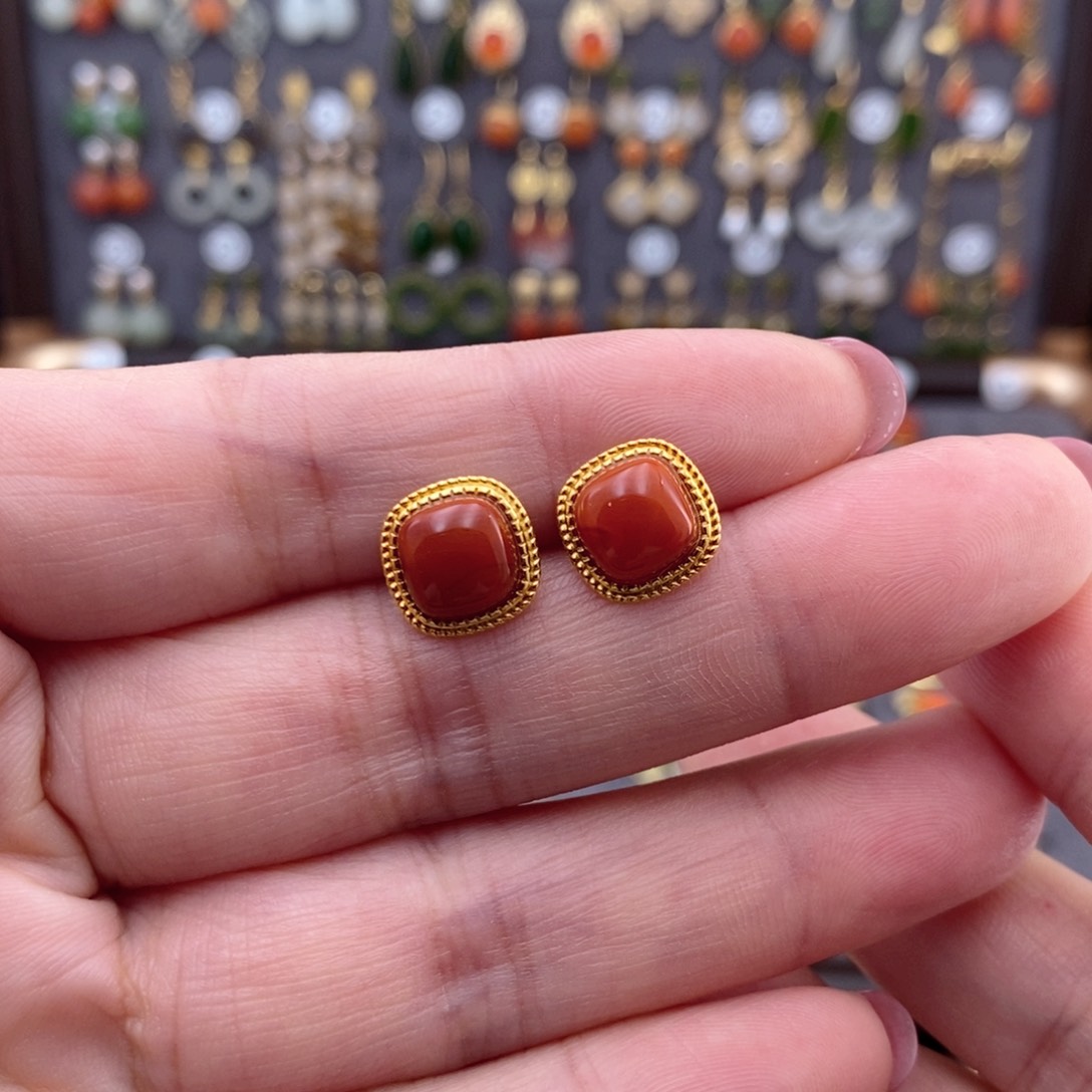 银S925镶嵌和田玉耳饰庞*