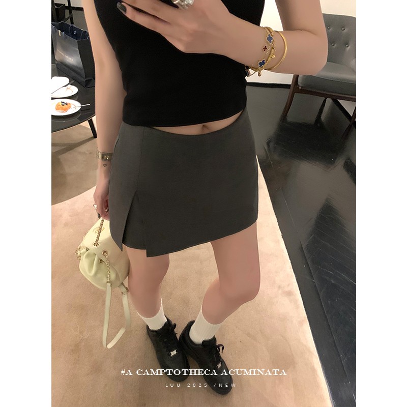LUU桃喜儿/开叉防走光半身裙女夏设计感小众裙子a字梨型身材短裙