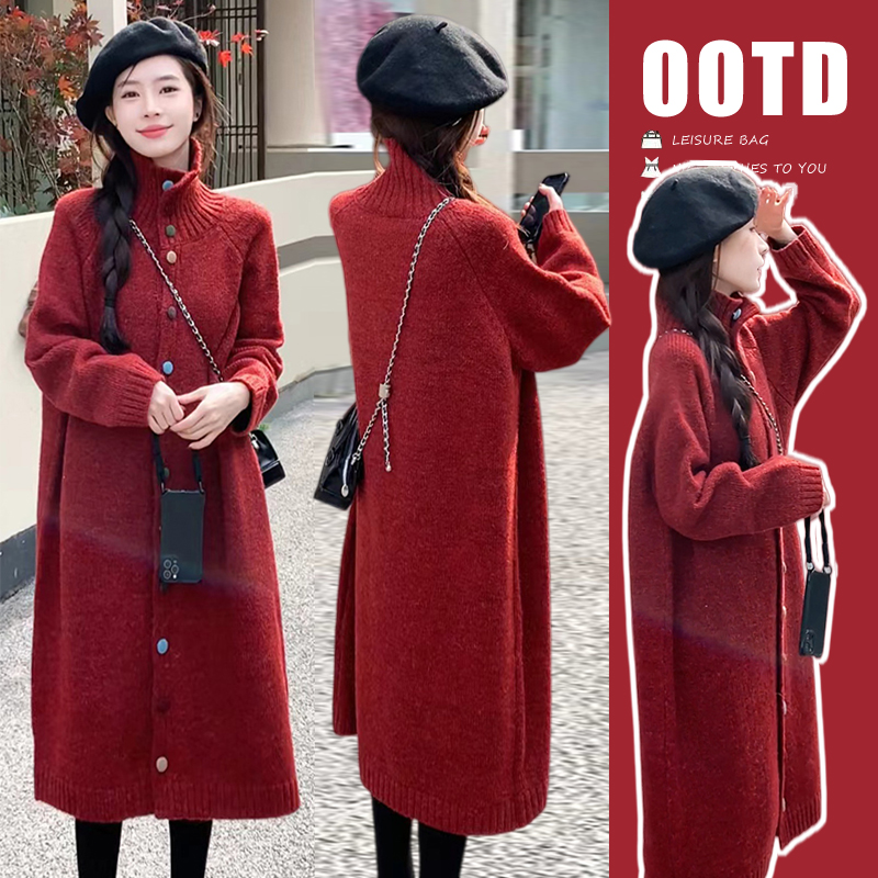 孕妇冬季2025新款针织抽绳毛衣时尚加绒大码加厚中长款连衣裙