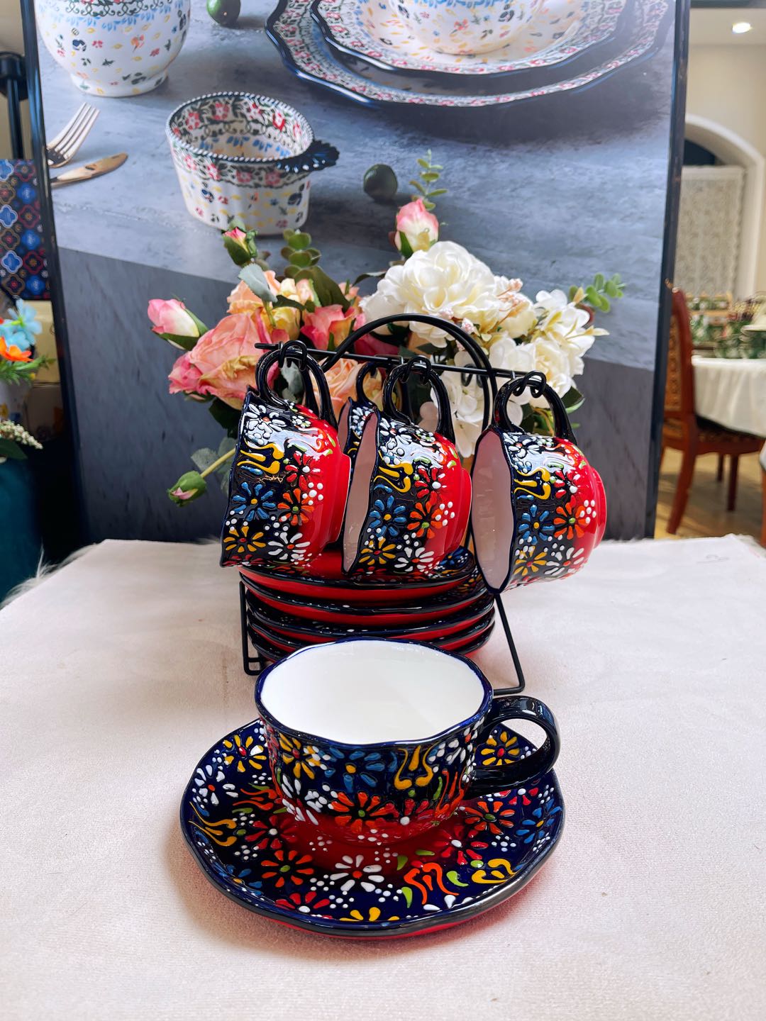 阿勒玛 新疆包邮【红贵夫人】6杯6碟手绘大号咖啡杯碟