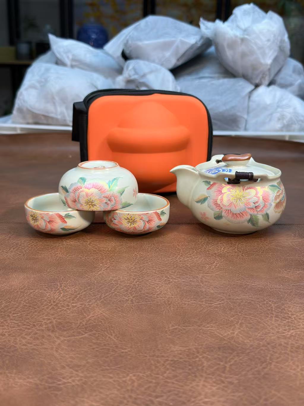 莉火火茶器 刺绣黄汝【黄花】-如意-手抓壶+1禅定杯+2小杯+包-5845