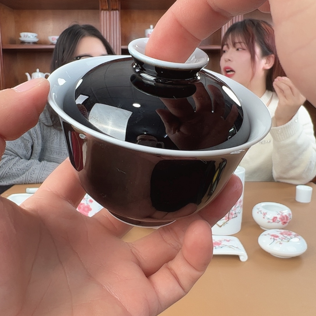 瓷柴窑乌金釉两才盖碗福利款